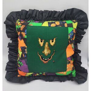 VTG Halloween Spooky Witchy Patchwork Accent Throw Pillow Cross Stitch Ruffle